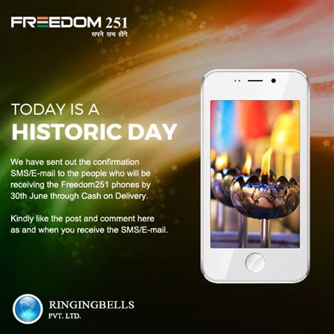 Ringing Bells confirmed the shipment of Freedom251 through SMS and Email 3