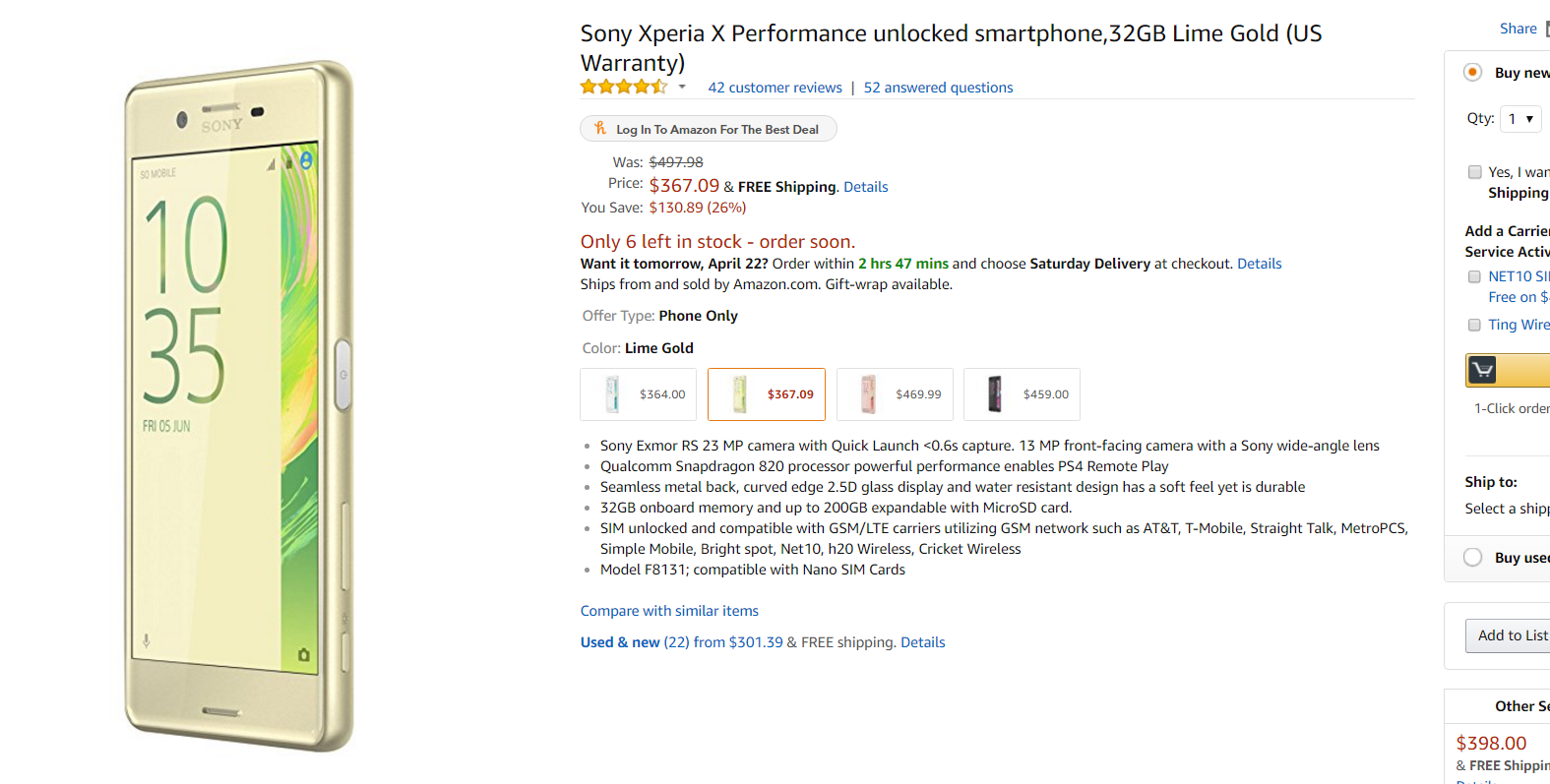 20% off for the Sony Xperia X Performance at Amazon 2