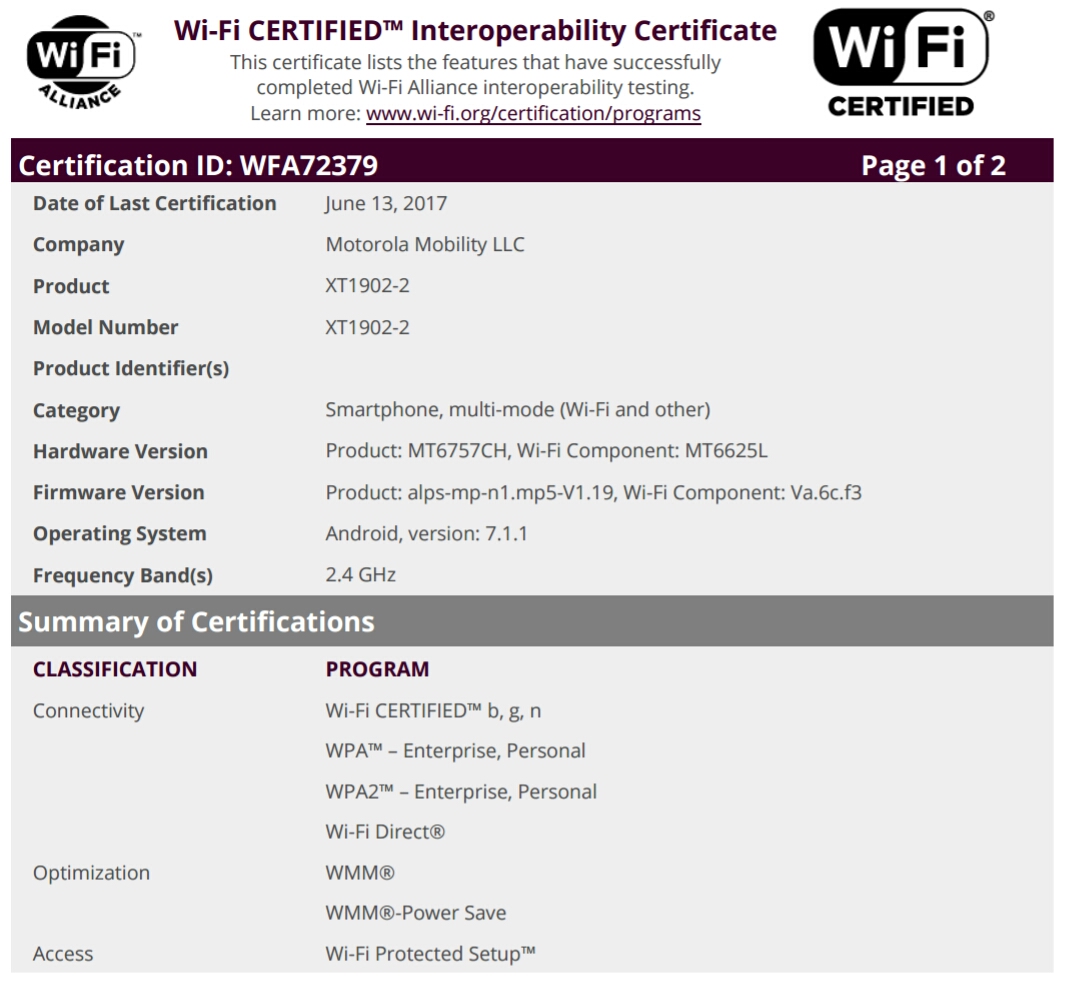 Moto M2 gets Wi-Fi certification 2 Moto M2 gets Wi-Fi certification 2