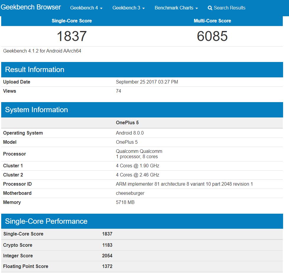 Geekbench listing reveals OnePlus 5 running Android Oreo 2