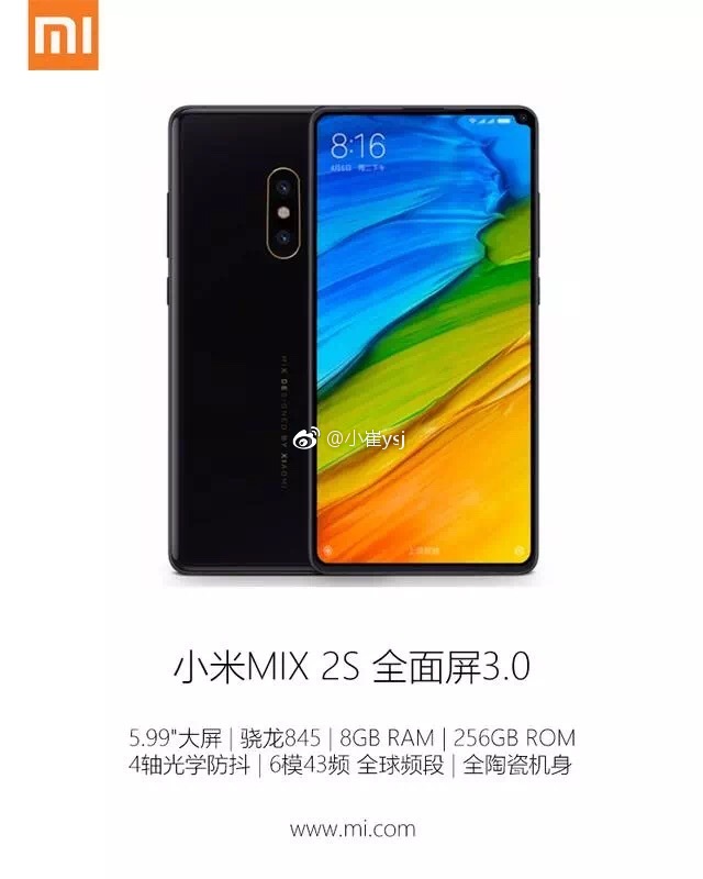 Xiaomi Mi MIX 2S Render & Specs leaked; features 4-axis OIS 12