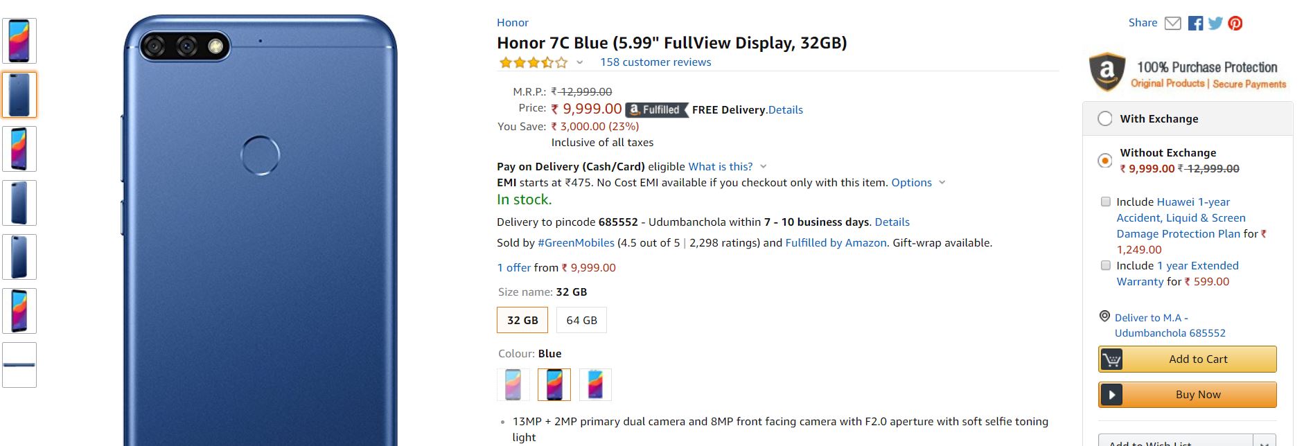 Honor 7C on Amazon India