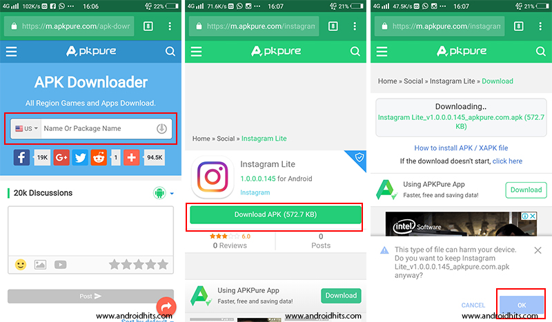 Install Instagram Lite through Third party APKs