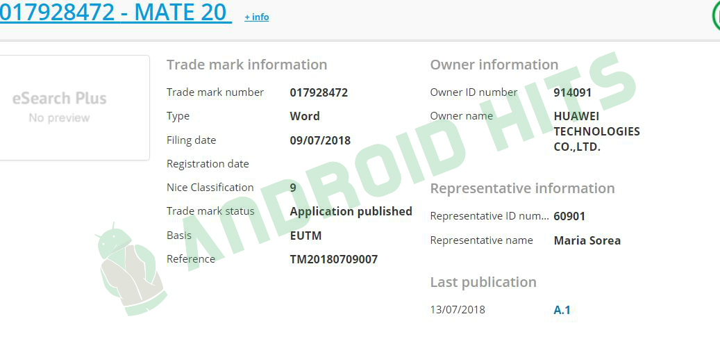 Mate 20 trademark owner Huawei