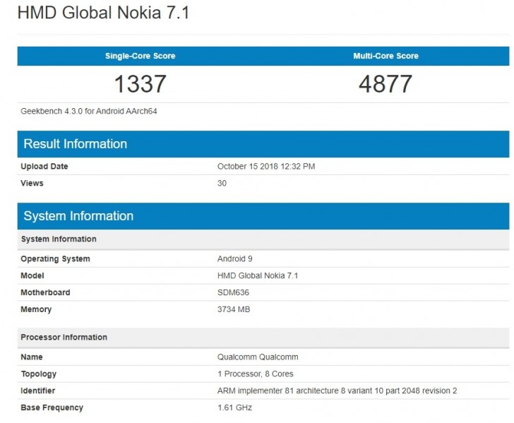 Nokia 7.1 with Android 9 in Geekbench
